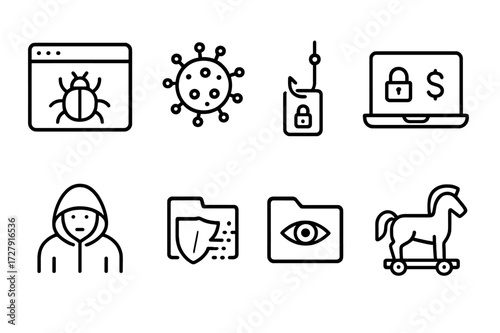 Cybersecurity Icon Set. Outline icon set of cybersecurity threats: malware, virus, phishing, ransomware, hacker, data breach, spyware, trojan. Line icons in