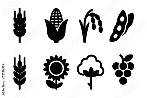 Crop Icons Grid. Solid, filled icon set of crop types: wheat stalk, corn cob, rice plant, soybean pod, barley spike, sunflower, cotton boll, grape cluster.