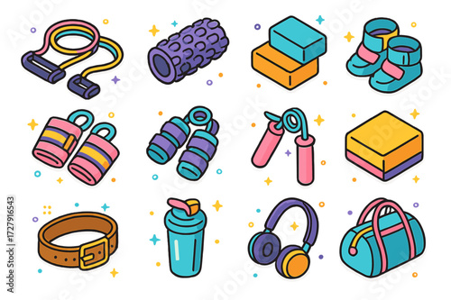 Colorful Fitness Accessories. Fitness Accessories. Colorful isometric vector icons set of Fitness Accessories: resistance bands, foam roller, yoga blocks,