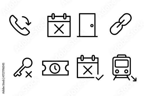 Lost Opportunities Icons. Outline icon set of losing opportunities: missed call, crossed calendar, closed door, broken chain, lost key, expired ticket,