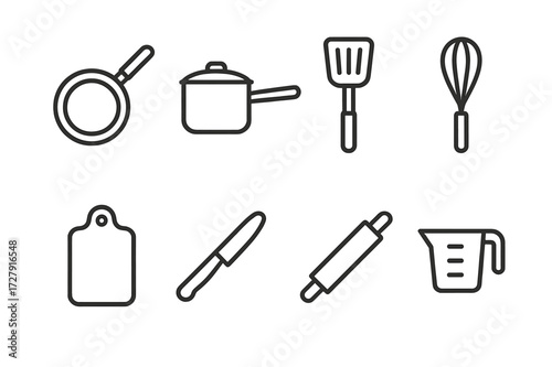 Cooking Tools Icons. Outline icon set of cooking tools: frying pan, saucepan, spatula, whisk, cutting board, knife, rolling pin, measuring cup. Line icons in