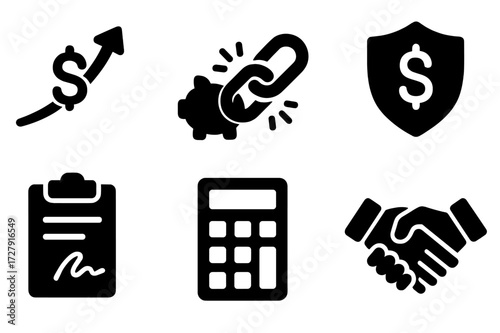 Financial Recovery Icons. Solid, filled icon set of financial recovery: rising dollar sign, broken chain, piggy bank, shield with dollar, contract signed,