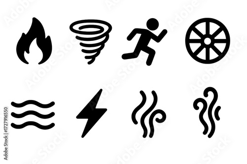 Motion and Energy Icons. Solid, filled icon set of energy and motion: fire flame, whirlwind, running silhouette, spinning wheel, flowing water, electric spark,