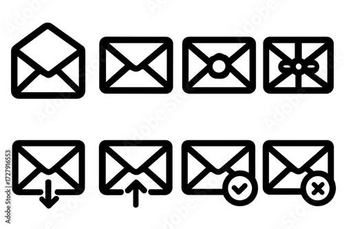 Envelope Icon Set. Solid, filled icon set of envelope actions: envelope with open flap, envelope with closed flap, envelope with sealed wax, envelope with
