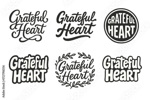 Grateful Heart Typography. Grateful Heart. Set lettering. harmonious lettering variations of the same emblematic concept (Whimsical curly type with flourishes,