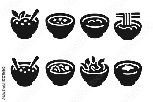 Iconic Soup Collection. Solid, filled icon set of international soups: borscht, minestrone, gazpacho, pho, clam chowder, ramen, tom yum, French onion soup.