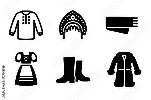Slavic Costume Icons. Solid, filled icon set of Slavic traditional costumes: embroidered shirt, headdress (kokoshnik), sash, woven belt, folk dress, leather