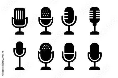 Vintage Microphone Icons. Solid, filled icon set of vintage microphones: classic ribbon mic, radio-era mic, retro stage mic, chrome broadcast mic, 50s swing