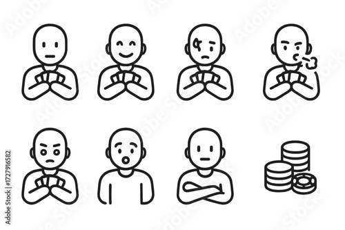 Card Player Emotions. Outline icon set of card player emotions: poker face, confident smile, nervous sweat, bluff face, focused look, surprised face, folded