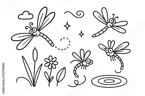 Flying Dragonflies Illustration. Hand-drawn doodle illustration Flying Dragonflies dragonfly, wings, flight trail, pond ripple, flower, cattail, reeds, leaf,