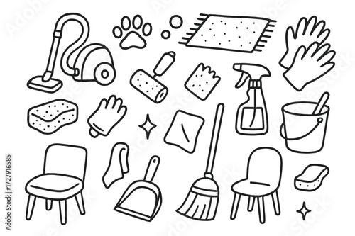 Pet Hair Cleaning Essentials. Hand-drawn doodle illustration Removing pet hair from carpet vacuum cleaner, brush, rug, pet paw print, sponge, lint roller,
