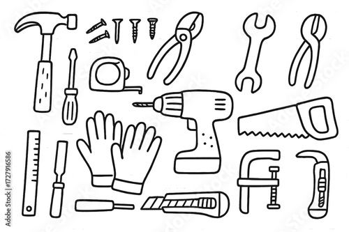 Toolbox Doodle Icons. Hand-drawn doodle illustration toolbox items hammer, nails, screws, pliers, wrench, screwdriver, tape measure, drill, saw, gloves, ruler,