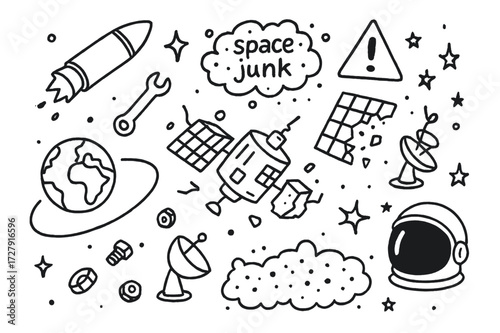 Space Debris Doodle. Hand-drawn doodle illustration space debris broken satellite, orbit path, floating wrench, shattered solar panel, antenna, Earth, nuts and