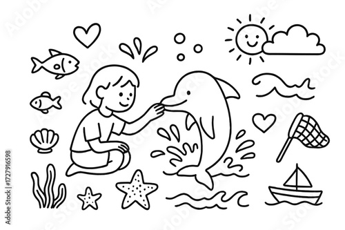 Human and Dolphin Doodle. Hand-drawn doodle illustration Human and dolphin interaction [dolphin, person, hand, water splash, fish, wave, heart, sun, cloud,