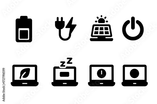 Laptop Power Icon Set. Solid, filled icon set of laptop power: battery, power cord, charger, solar power, power button, power saving mode, sleep