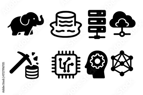 Big Data Icon Set. Solid, filled icon set of big data technologies: Hadoop, data lake, server cluster, cloud computing, data mining, AI algorithm, machine