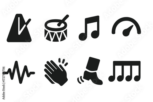 Rhythm Icon Grid. Solid, filled icon set of rhythm concepts: metronome, drumbeat, music notes, tempo gauge, sound waves, hand clapping, foot tapping, rhythm