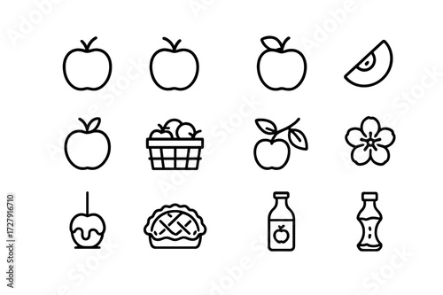 Wallpaper Mural Apple Harvest Line Icons. Apple harvest. Line icon set of apple harvest: red apple, green apple, yellow apple, apple slice, apple with leaf, apple basket, Torontodigital.ca