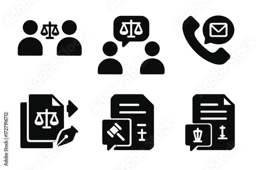 Lawsuit Communication Icons. Solid, filled icon set of lawsuit communication: negotiation, mediation, phone call, email, document sharing, court summons,