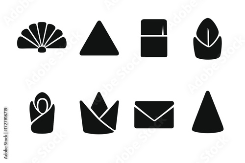 Napkin Fold Icons. Solid, filled icon set of napkin fold styles: fan fold, pyramid fold, pocket fold, bishop?s hat, rose fold, crown fold, envelope fold,