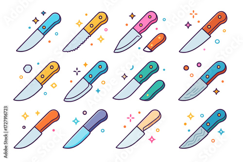 Isometric Knife Icons. Colorful isometric vector icons set of Steak Knife Types: straight-edge knife, serrated-edge knife, hollow-edge knife, full-tang knife,