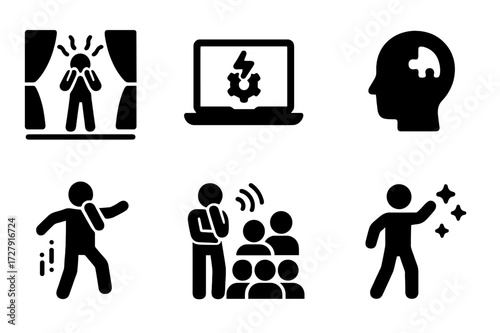Performance Challenges Icons. Solid, filled icon set of performance challenges: stage fright, technical issues, timing errors, memory lapses, coordination
