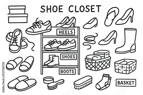 Shoe Closet Doodle. Hand-drawn doodle illustration Shoe closet shoes, boots, sandals, high heels, sneakers, flip-flops, shoe boxes, rack, laces, polish brush,
