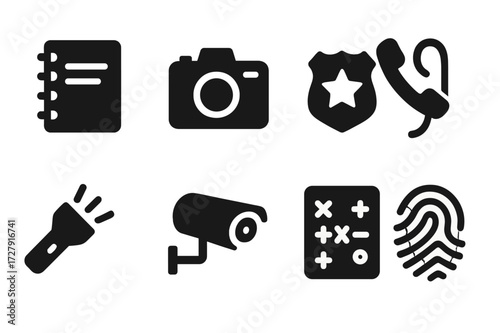 Secret Investigation Icons. Solid, filled icon set of secret investigation: notebook, camera, badge, wiretap, flashlight, hidden camera, coded message,