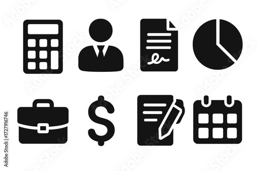 Wealth Management Icons. Solid, filled icon set of wealth management: calculator, financial advisor, contract, pie chart, briefcase, dollar sign, document with