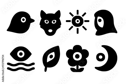 Nature Glance Icons. Solid, filled icon set of glance in nature: bird?s glance, animal stare, sun glare, shadow glance, water reflection, leaf peek, flower