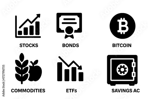 Investment Icon Grid. Solid, filled icon set of investment types: stocks, bonds, real estate, mutual funds, cryptocurrency, commodities, ETFs, savings account.