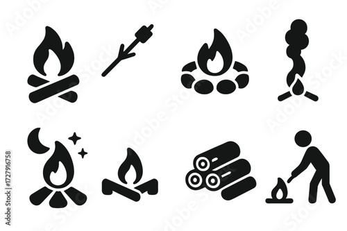 Ember Activity Icons. Solid, filled icon set of ember-related outdoor activities: campfire, marshmallow roasting, fire circle, smoke signal, night fire, log