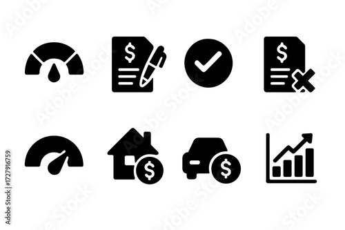 Credit and Loan Icons. Solid, filled icon set of credit and loans: credit score, loan application, approved stamp, rejected form, debt meter, home loan, car