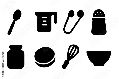 Sugar Utensils Icons. Solid, filled icon set of sugar related utensils: spoon, measuring cup, sugar tong, scoop, jar lid, sugar shaker, whisk, mixing bowl.