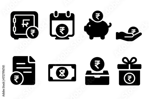 Deposit Icons Grid. Solid, filled icon set of deposit types: fixed deposit, term deposit, savings deposit, recurring deposit, certificate of deposit,