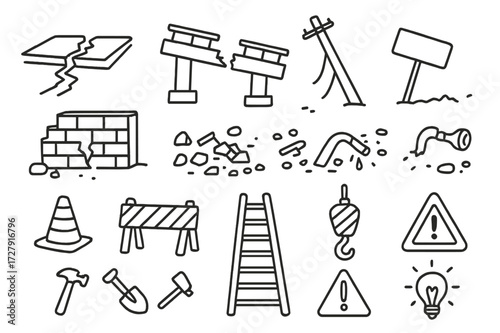 Infrastructure Damage Doodle. Hand-drawn doodle illustration damaged infrastructure cracked road, broken bridge, leaning pole, fallen sign, collapsed wall,