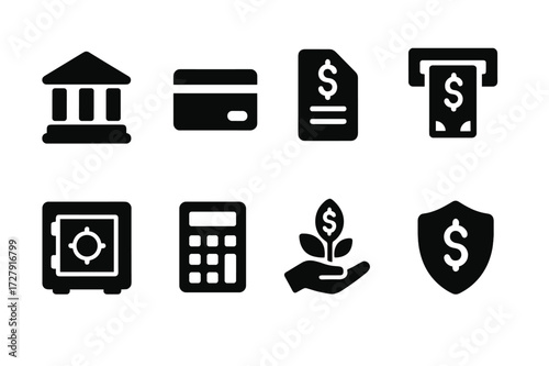 Financial Services Icons. Solid, filled icon set of financial services: bank, credit card, loan, ATM, safe, calculator, investment, insurance. [Line icons in