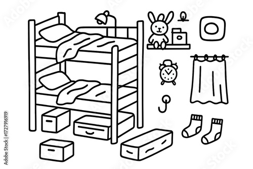 Bunk Bed Essentials. Hand-drawn doodle illustration [bunk bed setup] [top bunk, ladder, pillow, blanket, railing, reading light, stuffed animal, shelf, alarm