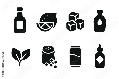 Cocktail Ingredients Icons. Solid, filled icon set of shot ingredients: alcohol bottle, citrus fruit, ice cubes, syrup bottle, herbs, spices, soda, bitters.