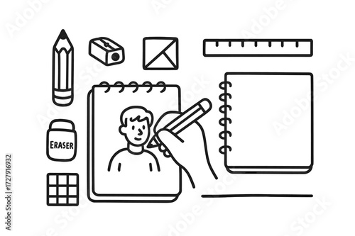 Beginner Sketching Tools. Hand-drawn doodle illustration [Beginner sketching tools] [pencil, sharpener, eraser, sketchpad, hand drawing, geometric shape,