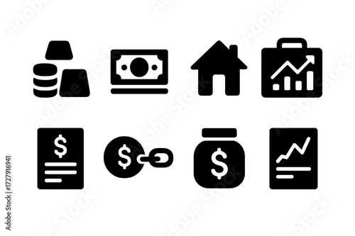 Net Worth Icons. Solid, filled icon set of net worth components: assets pile, cash stack, property house, investment portfolio, liabilities document, debt