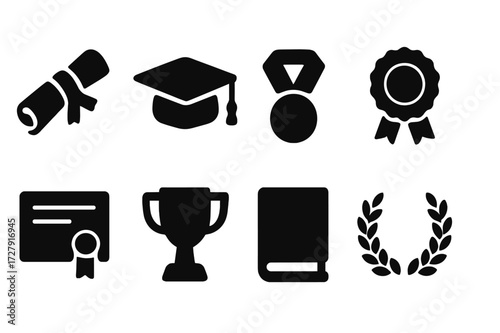 Academic Icon Set. Solid, filled icon set of academic honor: diploma, graduation cap, medal, ribbon, certificate, trophy, book, laurel wreath. Solid, filled