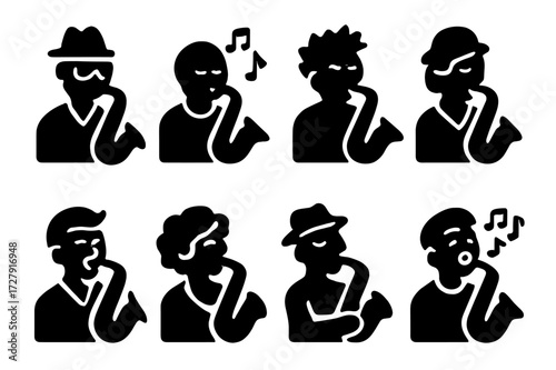 Jazz Emotion Icons. Solid, filled icon set of jazz emotions and mood: cool, soulful, energetic, smooth, expressive, passionate, laid-back, lively. Solid,