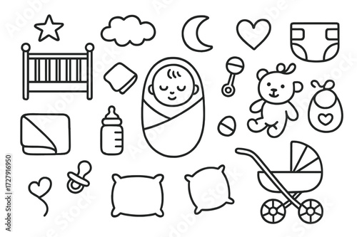 Newborn Essentials Doodle. Hand-drawn doodle illustration Newborn moment baby outline, crib, blanket, pacifier, bottle, rattle, heart, diaper, bib, teddy bear,