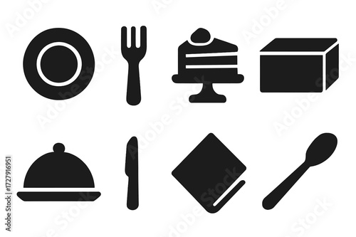 Cake Serving Icons. Solid, filled icon set of cake serving: plate, fork, knife, cake stand, box, platter, napkin, serving spoon. Solid, filled icons in only