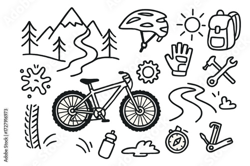 Mountain Biking Icons. Hand-drawn doodle illustration mountain biking mountain, rugged bike, gear icon, helmet, trees, trail path, mud splash, water bottle,
