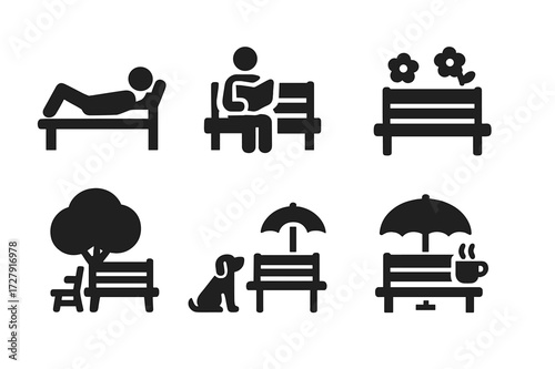 Bench Icon Collection. Solid, filled icon set of bench usage: resting person, reading on bench, bench with flowers, bench under tree, dog near bench, bench