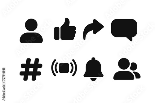 Social Media Icons. Solid, filled icon set of social media platforms: profile avatar, like button, share icon, comment bubble, hashtag, live video,