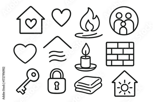 Hearth and Home Icons. Hand-drawn doodle illustration [Hearth and home symbolism] [home icon, heart, fire flame, circle, family icon, warmth wave, roof shape,