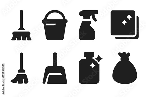 Kitchen Cleaning Icons. Solid, filled icon set of kitchen cleaning tools: mop, bucket, spray bottle, cleaning cloth, broom, dustpan, surface cleaner, trash